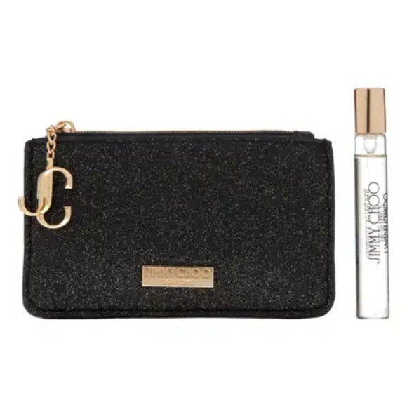 Jimmy Choo Black Glitter Pouch & I Want Choo Parfum Sample Spray 0.25 fl oz. - Picture 1 of 2